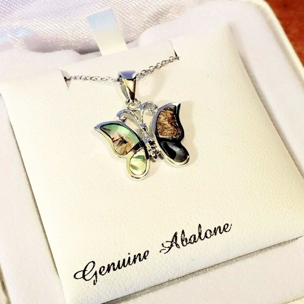 Abalone & Sterling Silver Butterfly Necklace NIB